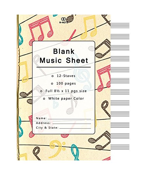 Blank Music Sheet: Music Manuscript Paper, Staff Paper, Musicians Notebook 12 Staves, 8.5 x 11, A4, 100 pages (blank music notebook, keaft paper design)