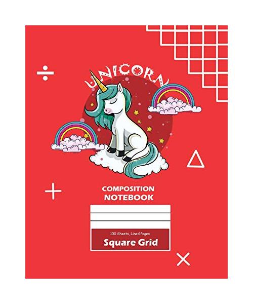 Unicorn Square Grid, Graph Paper Composition Notebook, 100 Sheets, Large 8 x 10 Inch, Quad Ruled Red Cover